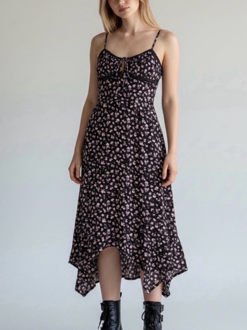 Floral Midi Dress Black Lace Y2K Whimsigoth Fairy Grunge Slip Planet Heart XL